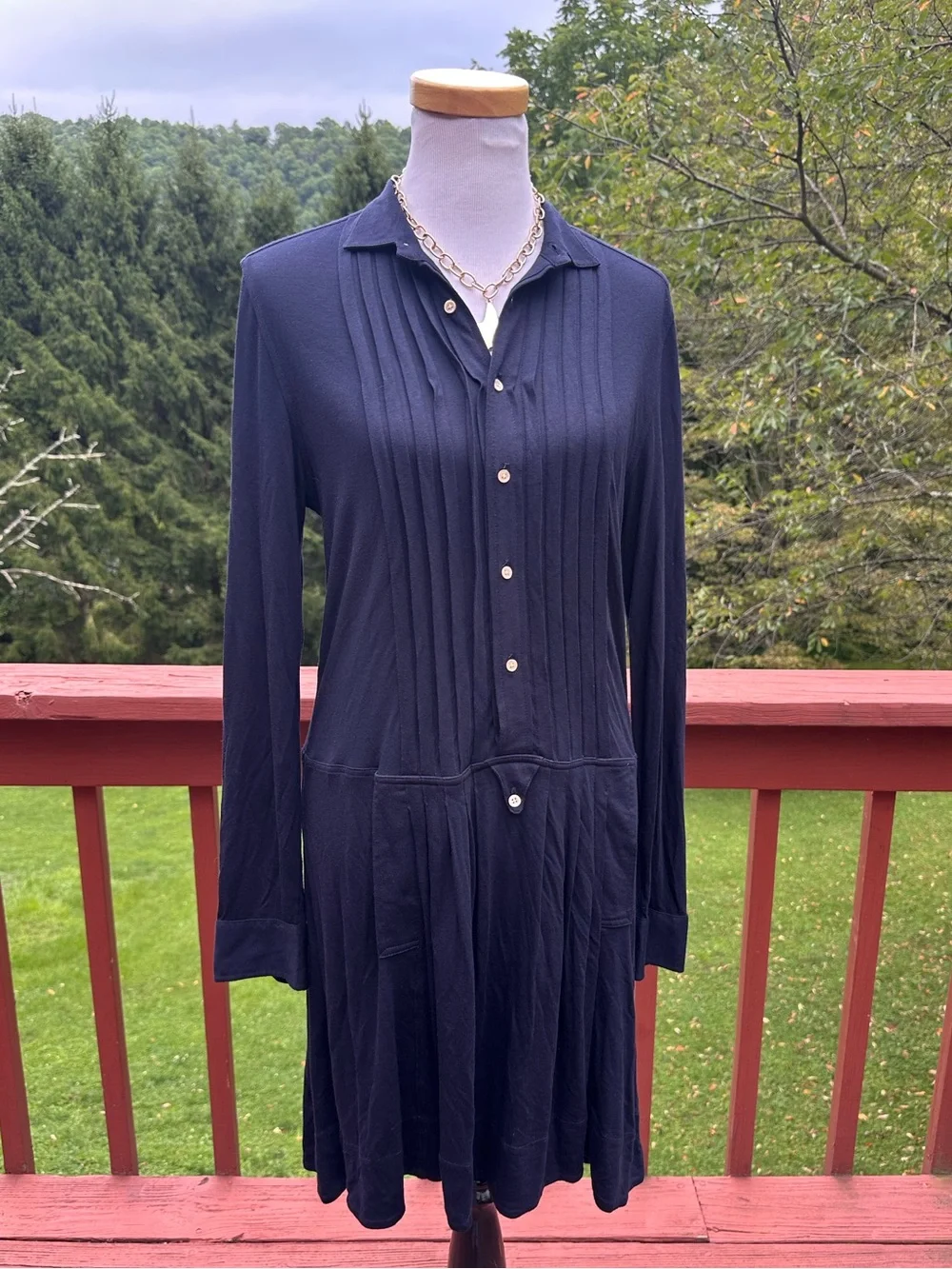 Polo by Ralph Lauren Navy Long-Sleeve Pintuck Pleated Shirt Dress